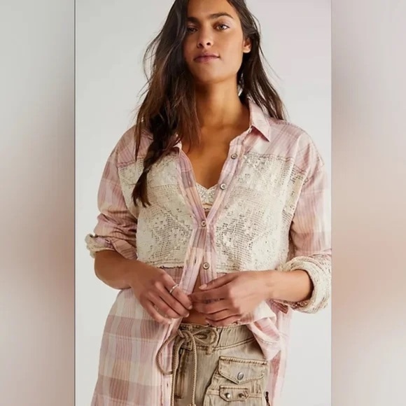Free People We The Free Double Cross Cutwork Plaid Button Down Top Size Small - Picture 1 of 7